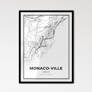 Monaco-Ville Monaco - Stadtplan im skandinavischen Stil für das moderne Wohndekor - schwarz-weißes Poster