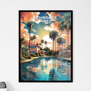 Pembroke Pines, Florida, una piscina con palme e una casa con il tetto rosso – Travel Skylines Collection / Personalizzabile