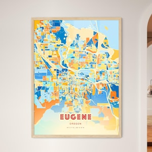 Eugene Oregon Coastal Colors Art Map, Eugene Usa City Map - Customizable Poster Print, Framed or Aluminum dibond