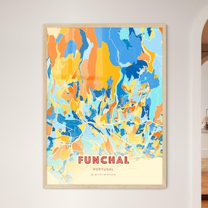 Mapa artístico das cores costeiras de Funchal, Portugal, mapa da cidade de Funchal, Portugal - pôster personalizável, impressão ou download digital