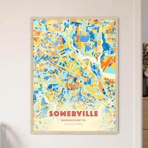 Mappa artistica dei colori costieri di Somerville, Massachusetts, poster creativo bicolore della città natale di Somerville, Stati Uniti, disponibile anche come download digitale