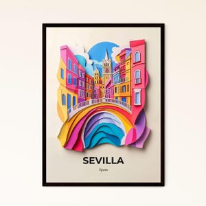 Sevilla, España: recorte de papel de un puente sobre un río. Impresión artística personalizable.