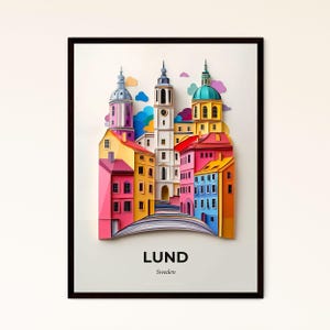Das lebendige Lund, Schweden - Scherenschnitt einer Stadt mit Brücke – Fine Art Print, personalisierbar