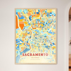 サクラメント カリフォルニア沿岸色彩アートマップ、サクラメント USA 市地図 - カスタマイズ可能なポスター印刷またはデジタルダウンロード