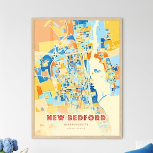 Mappa artistica dei colori costieri di New Bedford, Massachusetts, New Bedford, USA, poster creativo bicolore della città natale, anche come download digitale