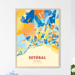 Mapa de arte de colores costeros de Setúbal Portugal, mapa de la ciudad de Setúbal Portugal - Impresión de póster personalizable o descarga digital