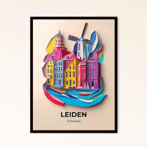 Vivid Leiden, Niederlande - Scherenschnitt einer Stadt mit Windmühle – Fine Art Print, individualisierbar