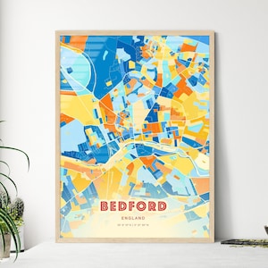 Carte artistique couleurs côtières de Bedford en Angleterre, carte de la ville de Bedford en Angleterre - affiche personnalisable ou téléchargement numérique