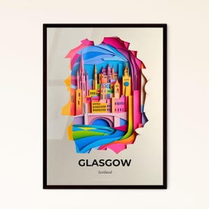 Glasgow, Schottland - Scherenschnitt einer Stadt an einem Fluss – Fine Art Print, personalisierbar