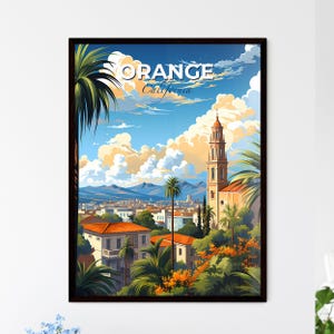 Orange, California, un paesaggio di una città con palme e una torre – Collezione Travel Skylines / Personalizzabile