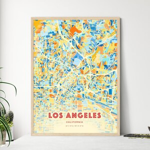 Mapa de arte com cores costeiras de Los Angeles, Califórnia, mapa da cidade de Los Angeles, EUA - pôster personalizável, impressão ou download digital