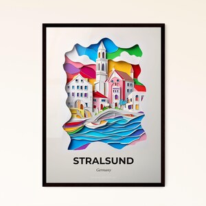 Stralsund, Deutschland - Scherenschnitt einer Stadt mit Brücke – Fine Art Print, individualisierbar