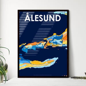 Superbe affiche de carte artistique d'Ålesund en Norvège - Un cadeau coloré pour les mariages, les pendaisons de crémaillère ou pour rehausser votre décoration d'intérieur !