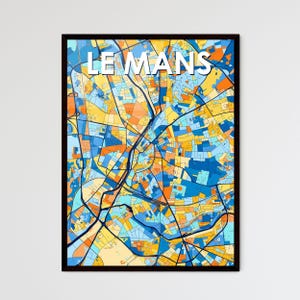 Carte artistique personnalisée Le Mans France - Couleurs vives, décoration murale unique | Cadeau personnalisable parfait pour la décoration intérieure !