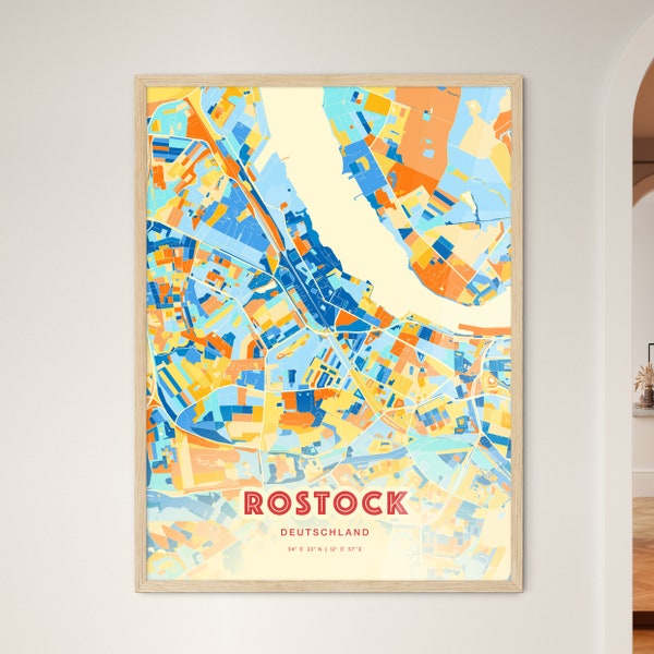 Bunter ROSTOCK GERMANY Blau Orange Fine Art Print, Rostock Deutschland Stadt Karte, ein perfektes Geschenk.