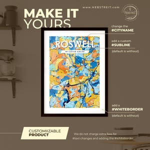 Carte artistique de Roswell, Géorgie - Décoration murale unique | Cadeau personnalisable pour une décoration d'intérieur époustouflante