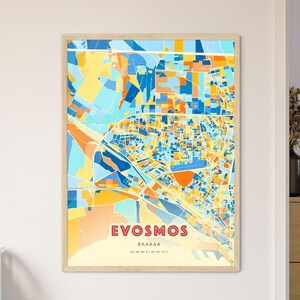 Carte artistique d'Evosmos en Grèce, couleurs côtières, Evosmos, plan de la ville - Poster personnalisable ou téléchargement numérique