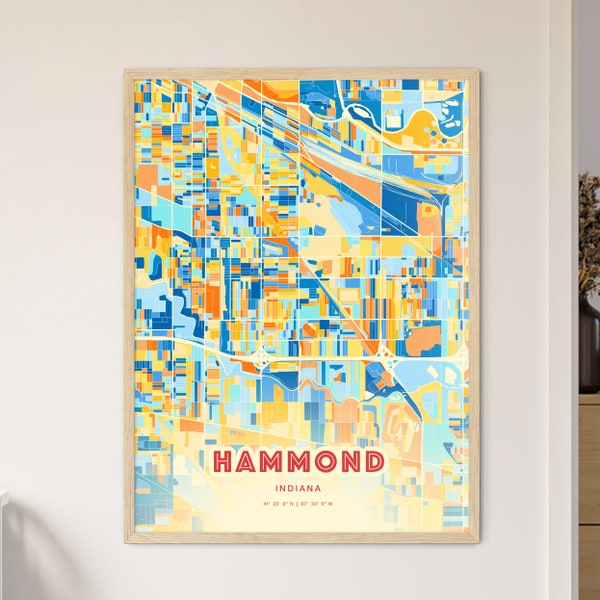 Colorful HAMMOND INDIANA Blue Orange Fine Art Print, Hammond Usa Two-toned Creative Hometown City Poster, a perfect gift.