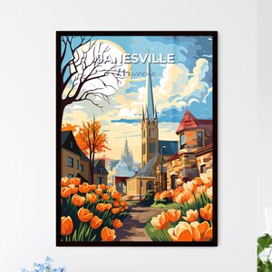 Janesville, Wisconsin, Kirche und Tulpen – Travel Skylines Collection | Personalisierbar