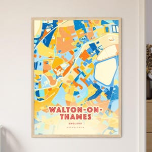 Carte artistique des couleurs côtières de Walton-On-Thames, Angleterre, carte de la ville de Walton-On-Thames en Angleterre, un cadeau parfait.