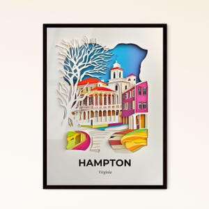 Vivid Hampton, Virginia - Scherenschnitt eines Gebäudes mit Baum – Fine Art Print, individualisierbar