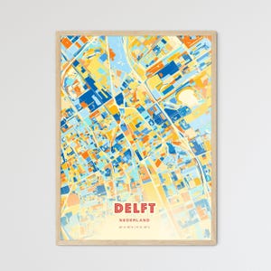 Carte artistique des couleurs côtières de Delft aux Pays-Bas, carte de la ville de Delft aux Pays-Bas - impression poster personnalisable ou téléchargement numérique