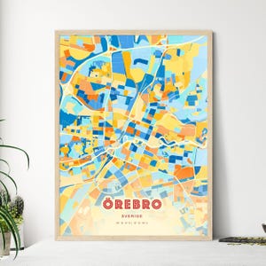 Carte artistique colorée d'rebro Suède, couleurs côtières, carte d'Örebro Sverige - affiche personnalisable ou téléchargement numérique