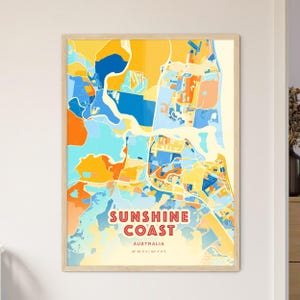 Carte artistique couleurs côtières de la Sunshine Coast Australie, carte de la ville de la Sunshine Coast Australie, un cadeau parfait.