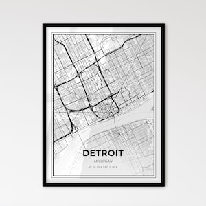 Detroit Michigan - Plan de la ville de style scandinave pour une décoration intérieure moderne - Poster en noir et blanc
