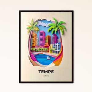 Vivid Tempe, Arizona - Scherenschnitt einer Stadt mit Palmen – Fine Art Print, individualisierbar