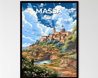 Massa, Italy, A Poster of a painting of a town on a hill. Customisable travel art print, a memorable gift.