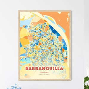 Mapa artístico de colores de la costa de Barranquilla, Colombia. Mapa de la ciudad de Barranquilla, Colombia: póster personalizable, impresión o descarga digital.
