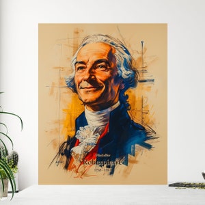 May include: A portrait of Maximilien Robespierre, a historical figure, with a smiling expression. The artwork features a color palette of beige, blue, red, and white. Text at the bottom reads "Robespierre 1758-1794".