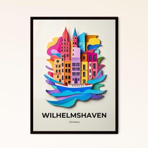 Vivid Wilhelmshaven, Allemagne - impression en papier découpé d'une ville avec un bateau - Impression d'art personnalisable