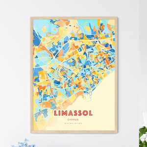 Limassol colorée, impression de carte bleue et orange de Chypre, impression d'art Limassol, affiche de la ville de Chypre, tons de plage, également en téléchargement numérique