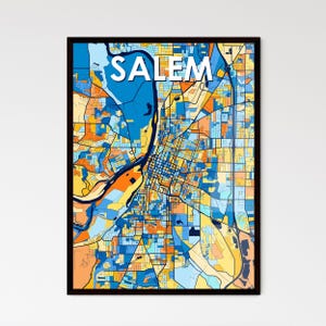 Póster con mapa artístico de Salem, Oregón: decoración de pared vibrante y única para regalos personalizables y un diseño interior impresionante para el hogar.