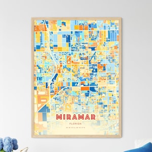 Colorful Miramar Florida Blue Orange Fine Art Print, Miramar Usa City Map - Customizable Poster Print, Unique Wall Decor, Personalized Gift