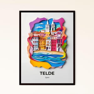 Vivid Telde, Spagna - un ritaglio di carta di una città sull'oceano - Stampa Fine Art, personalizzabile