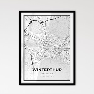 Winterthour, Suisse - Plan de la ville de style scandinave pour une décoration intérieure moderne - Poster en noir et blanc
