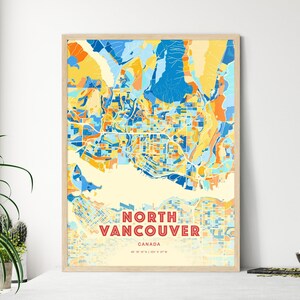 Mapa artístico de colores costeros de North Vancouver, Canadá. Mapa de la ciudad de North Vancouver, Canadá: impresión de póster personalizable, enmarcada o en dibond de aluminio.