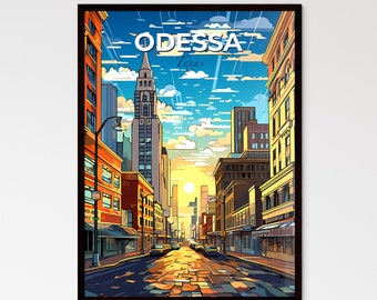 Odessa, Texas, A Poster of a street with cars and buildings in the background. Customisable travel art print, a memorable gift.