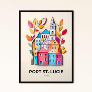 Vivid Port St. Lucie, Florida - un ritaglio di carta di una città con una chiesa e alberi - Stampa Fine Art, personalizzabile
