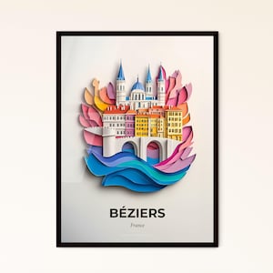 Béziers, Frankreich - Scherenschnitt einer Stadt mit Brücke – Fine Art Print, personalisierbar