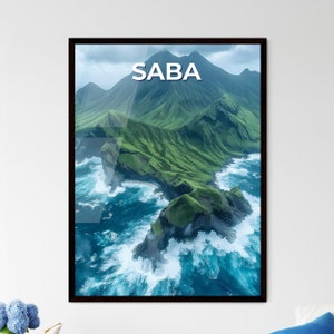 Green Island Paradise con sfondo di montagna, stampa artistica, pittura digitale, paesaggio – Destinazioni di viaggio / Personalizzabile
