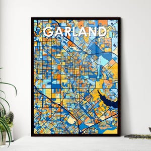 Póster del mapa artístico de Garland, Texas: decoración de pared vibrante, regalo único para el hogar, perfecto para personalizar e interiores con estilo.