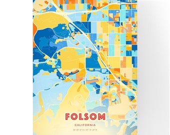 Bunter FOLSOM KALIFORNIEN Blau Orange Fine Art Print Folsom USA Stadt Karte, ein perfektes Geschenk.