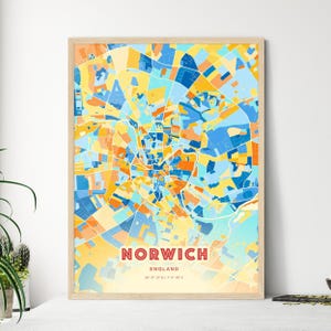 Carte artistique couleurs côtières de Norwich Angleterre, carte de la ville de Norwich Angleterre - affiche personnalisable impression ou téléchargement numérique