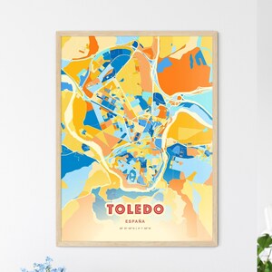 Carte d'art de couleurs côtières de Tolède en Espagne, carte de la ville de Tolède en Espagne - impression poster personnalisable ou téléchargement numérique