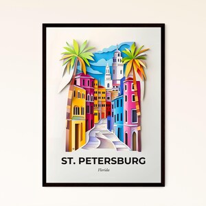 Vivid St. Petersburg, Florida - un ritaglio di carta di una città con un ponte - Stampa Fine Art, personalizzabile