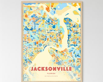 Colorful JACKSONVILLE FLORIDA Blue Orange Fine Art Print, Jacksonville Usa City Map, a perfect gift.